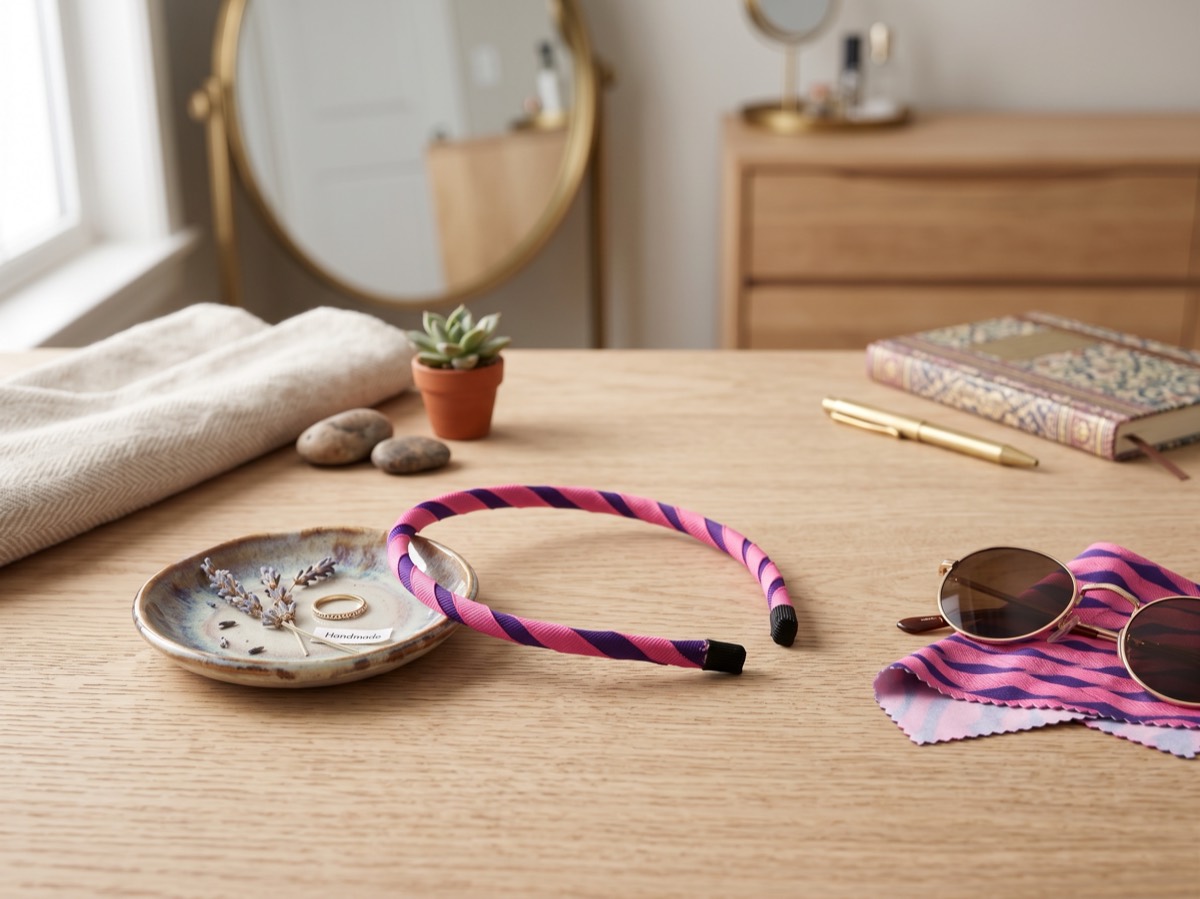 A pink and navy fabric-wrapped headband resting on a small ceramic dish on a wooden dresser.