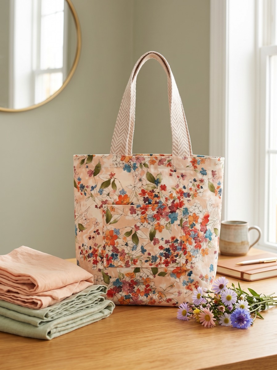 A floral market tote with herringbone webbing straps and a front pocket, standing on a wooden table beside folded linen and a mug.
