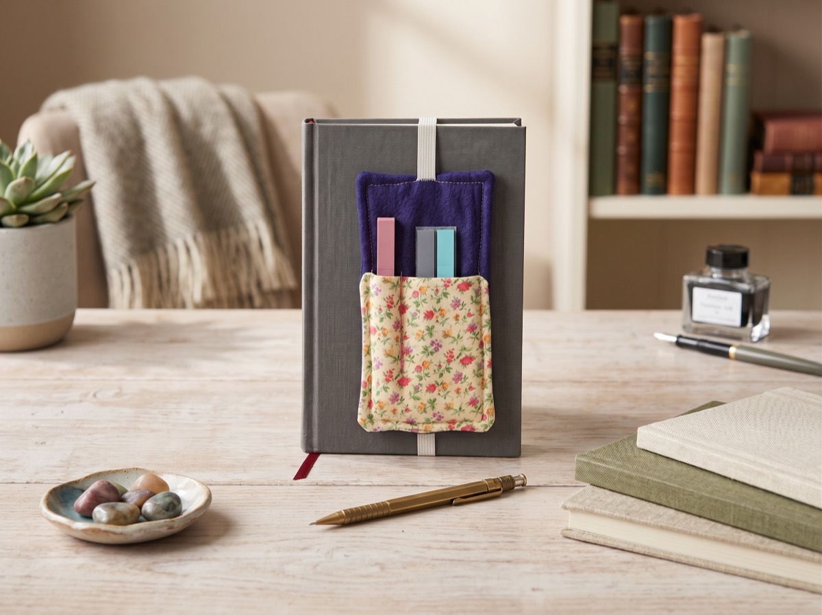 A small floral fabric pen pocket strapped to the cover of a grey hardback notebook, on a wooden desk beside a plant and an inkwell.