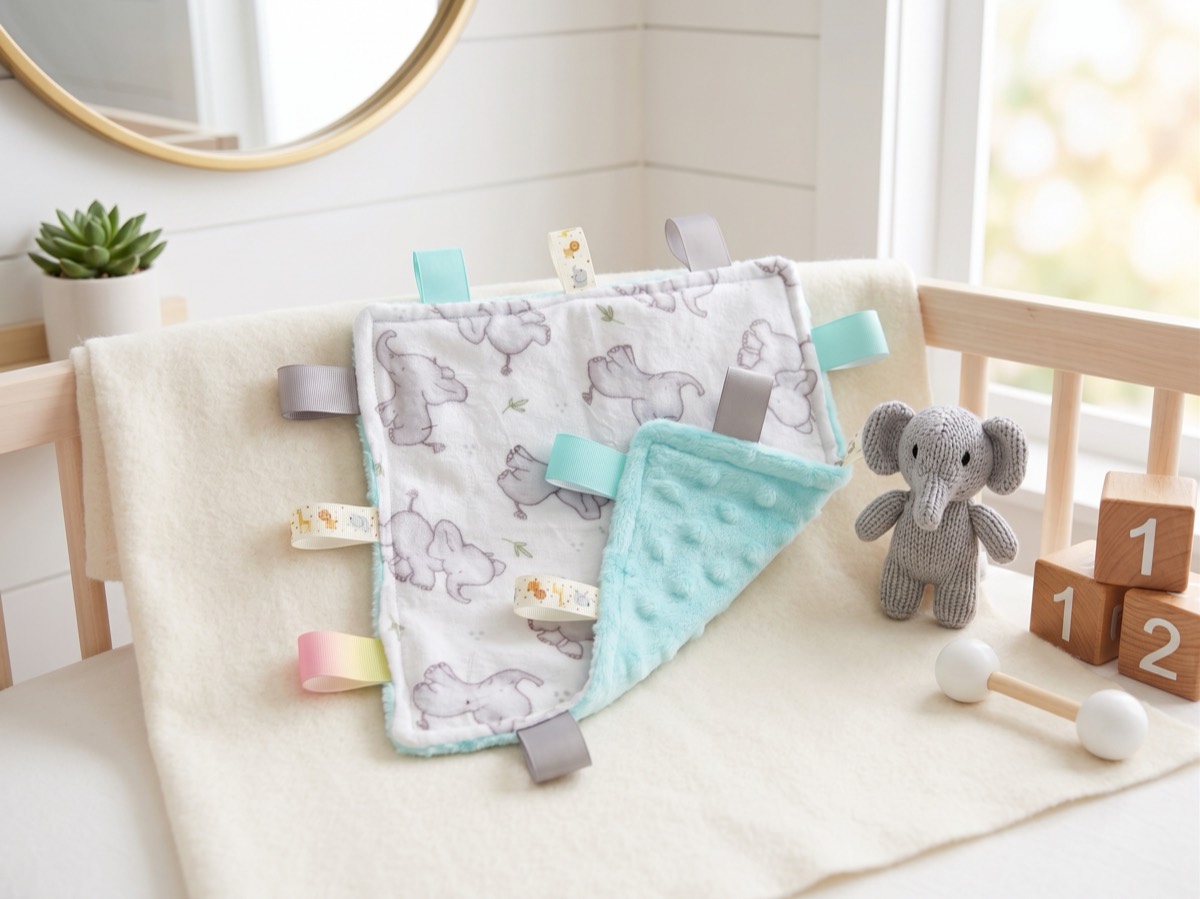 A baby sensory blanket in grey elephant print with a mint dimpled backing and ribbon tabs, laid over a cream blanket on a cot rail beside a knitted elephant and wooden blocks.